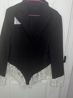 Source Unknown Black Tailcoat-Style romper with White Lace Trim